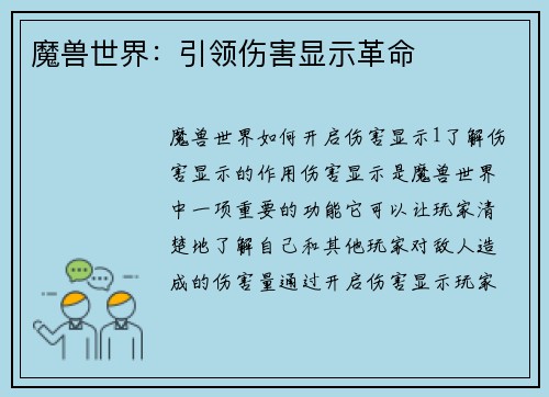 魔兽世界：引领伤害显示革命